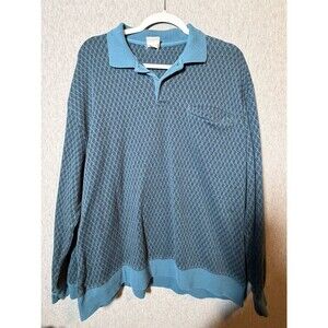 Haband Casual Joe Men's Long Sleeve Polo Shirt Teal Blue Geometric Pattern Size